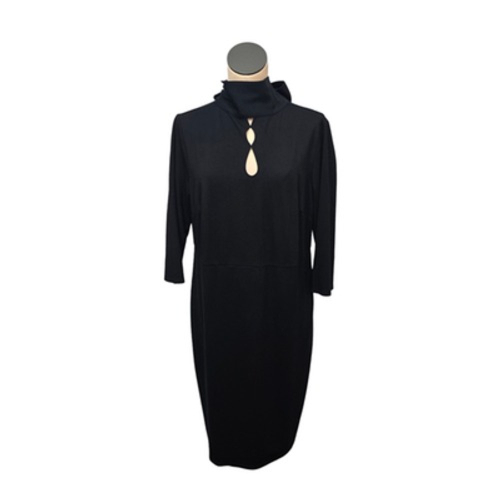 Eloquii Dress Womens‎ 18 Black Mock Neck Bow Keyhole Sheath 3/4 Sleeve Midi